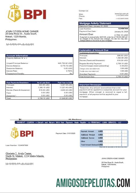 Extrato de hipoteca do Banco Filipino das Ilhas Filipinas em formatos Word e PDF amostra